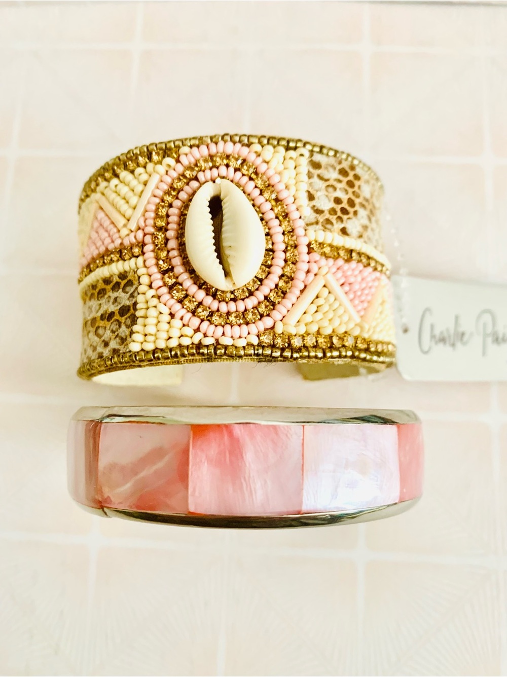 Charlie Paige Pink & Cream Beaded Shell Cuff Bracelet Set Stainless Dyed Shell